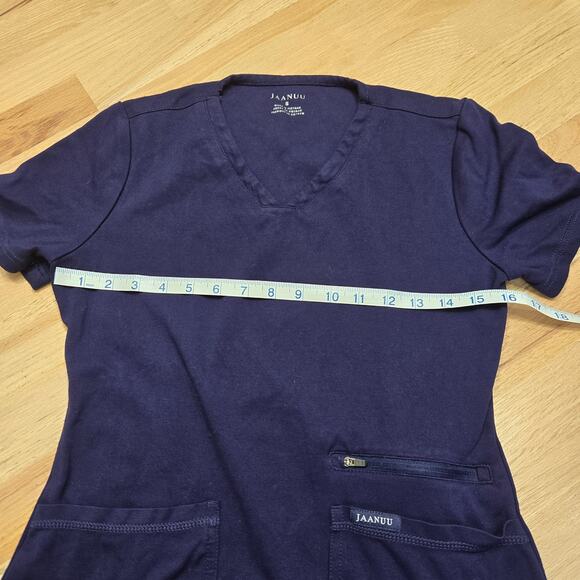 JAANUU Scrub Top Womens Small Navy 4 Pocket V Neck Pontelux J96202 - Picture 2 of 7